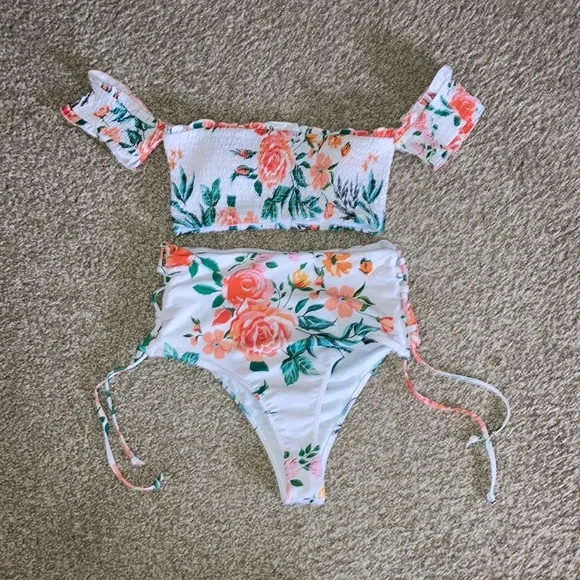 High Waisted Floral Off the Shoulder Bikini Bathing Suit Size Small - Picture 2 of 3